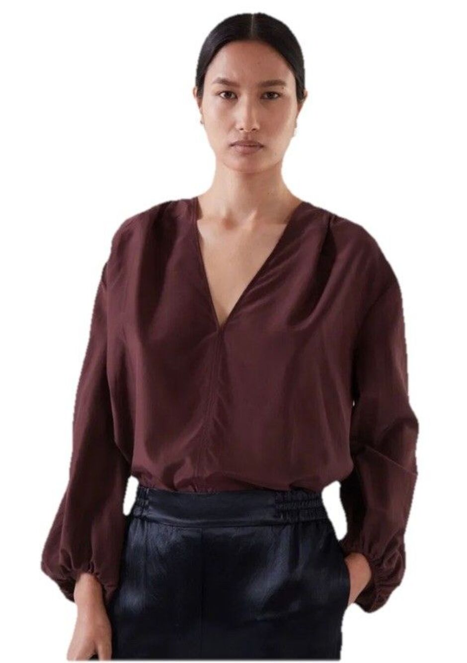 COS Burgundy Silk Cotton V-Neck Blouse Long Sleeve Relaxed Fit US 12 Large L